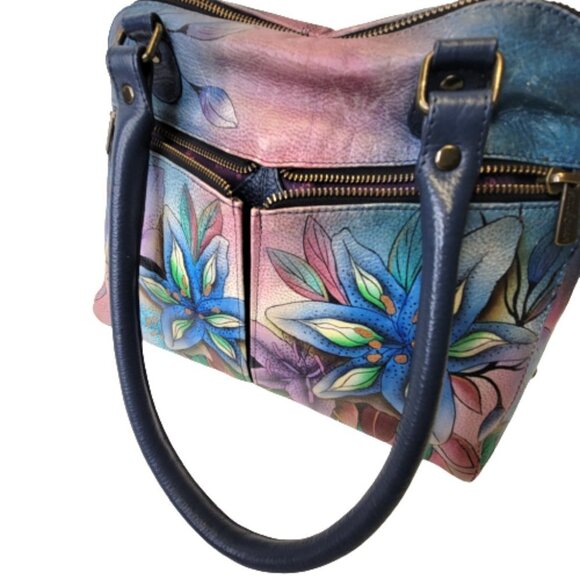 ANUSCHKA  5 Compartments Bag Handpainted Leather Floral Tote Blue Lilies Handbag - Picture 4 of 16